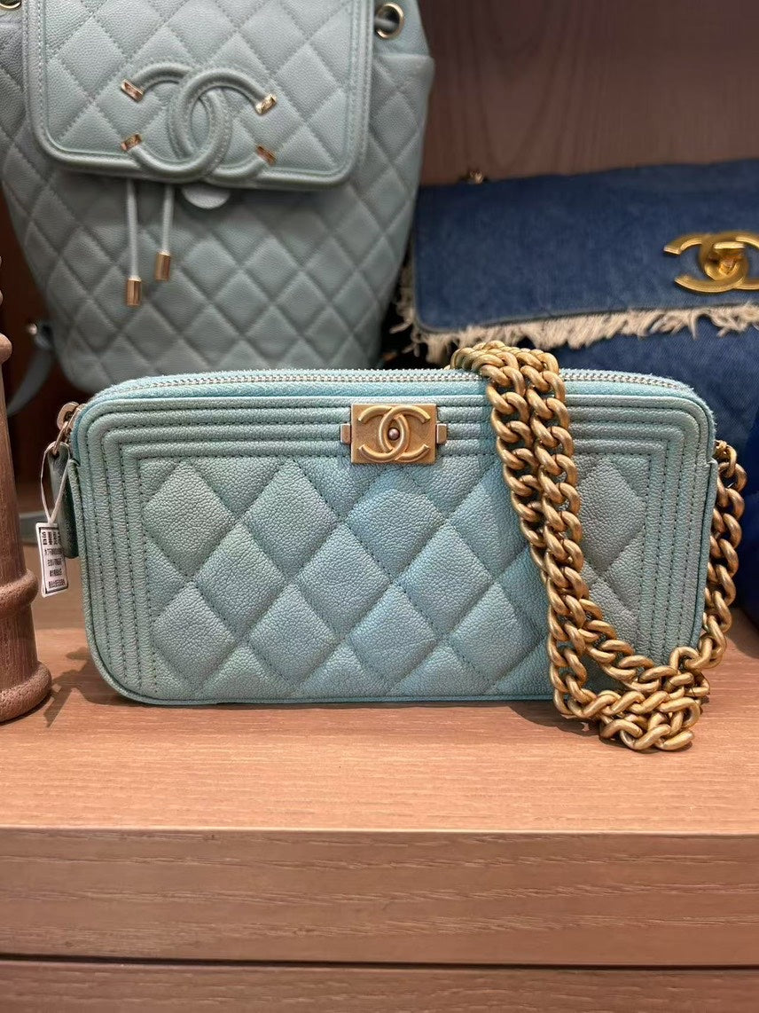 Chanel BMZ Quilted Leather Crossbody Bag in Light Blue