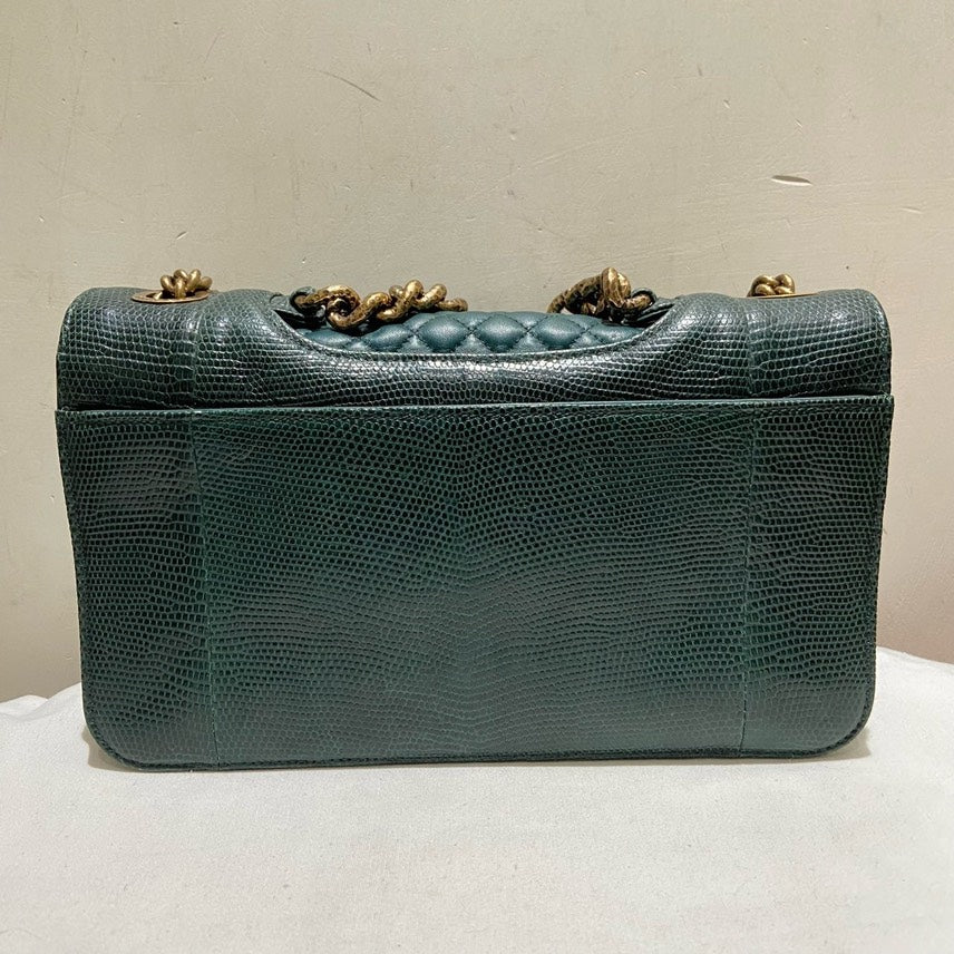 Chanel Preloved Lizard Skin Flap Bag Green Shoulder Bag