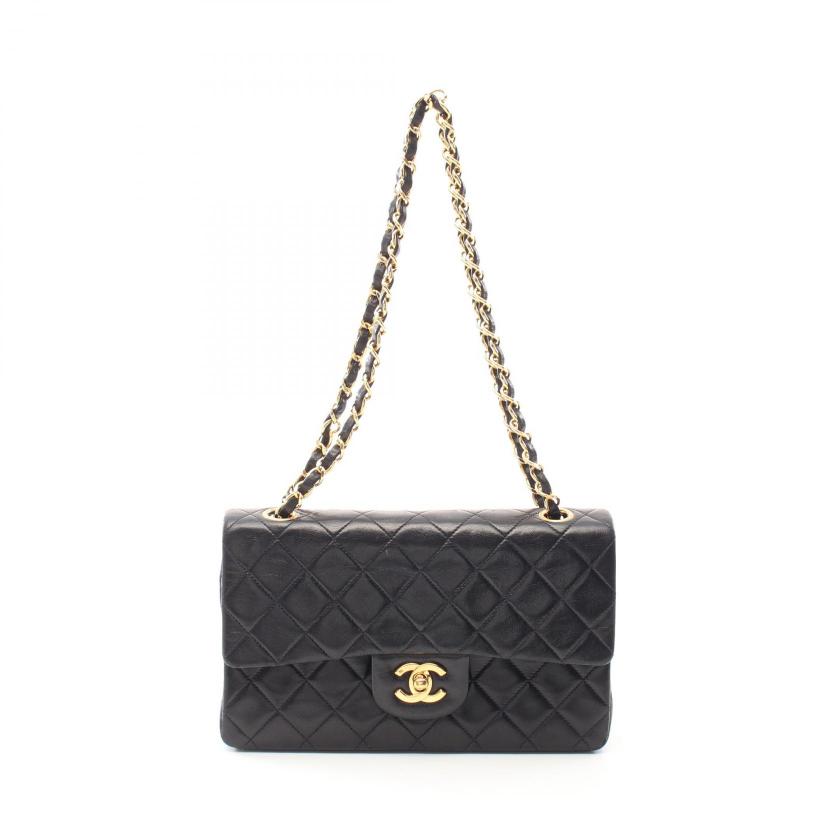 CHANEL Matelassé Double Flap Chain Shoulder Bag Lambskin Black Gold Hardware  