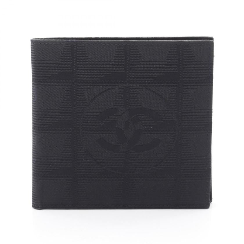 CHANEL New Travel Line Bi-fold Wallet Black Nylon Canvas Leather Silver Hardware