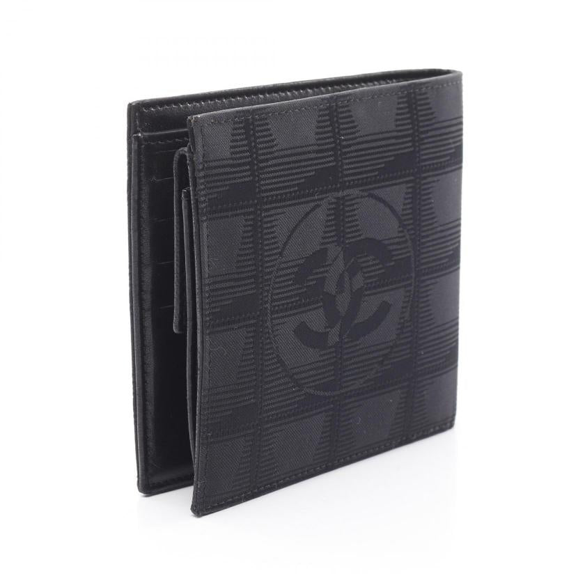CHANEL New Travel Line Bi-fold Wallet Black Nylon Canvas Leather Silver Hardware