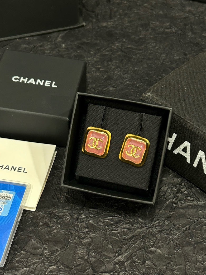 Chanel Pink Glass CC Square Stud Earrings