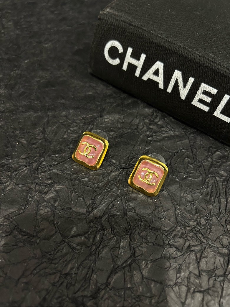 Chanel Pink Glass CC Square Stud Earrings