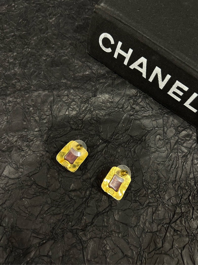 Chanel Pink Glass CC Square Stud Earrings