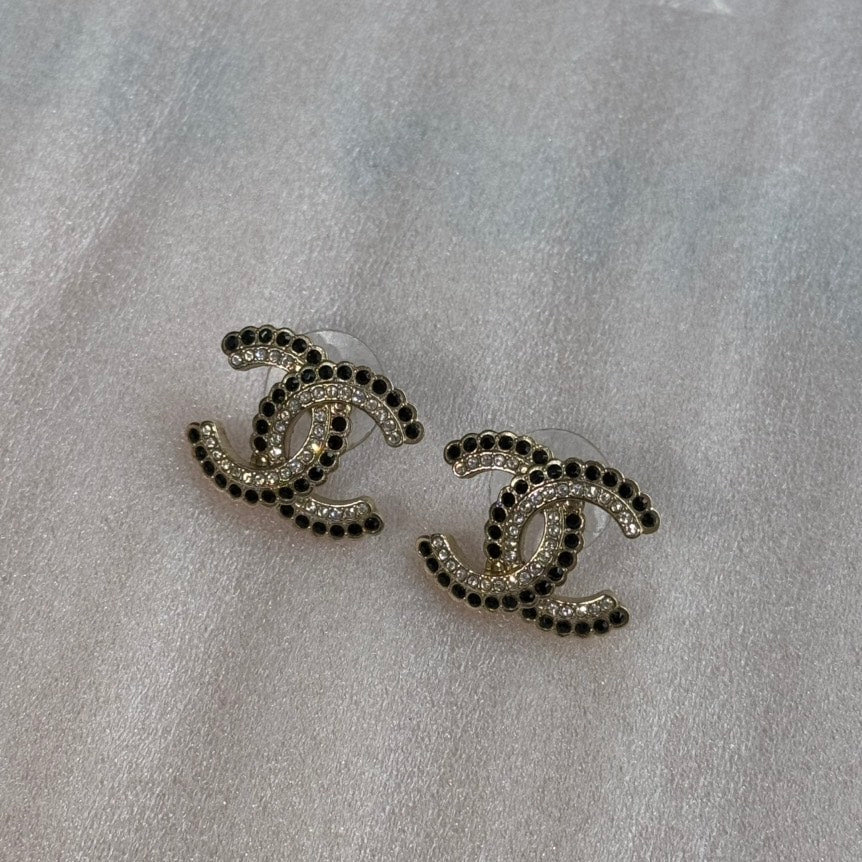 Chanel CC Logo Lined Row Black & White Strass Earrings