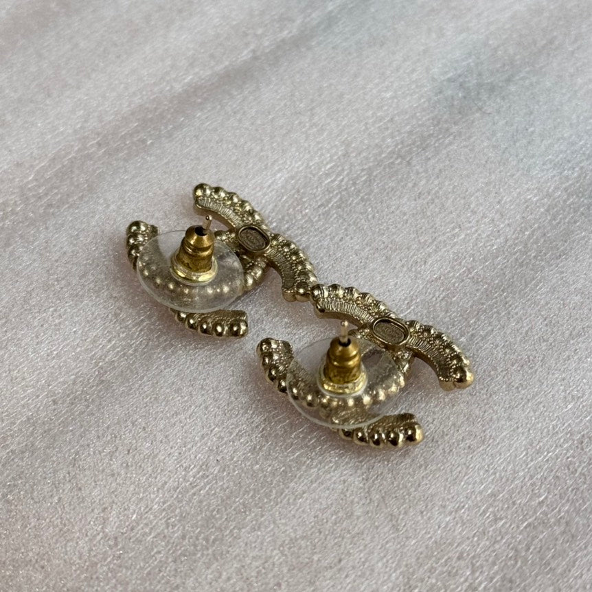 Chanel CC Logo Lined Row Black & White Strass Earrings