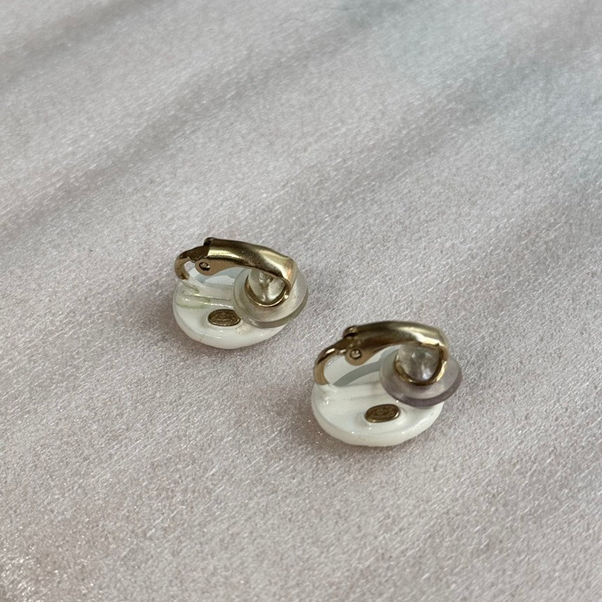 CHANEL Matelasse Dot Coco Mark Circle Earrings White Black Gold Hardware