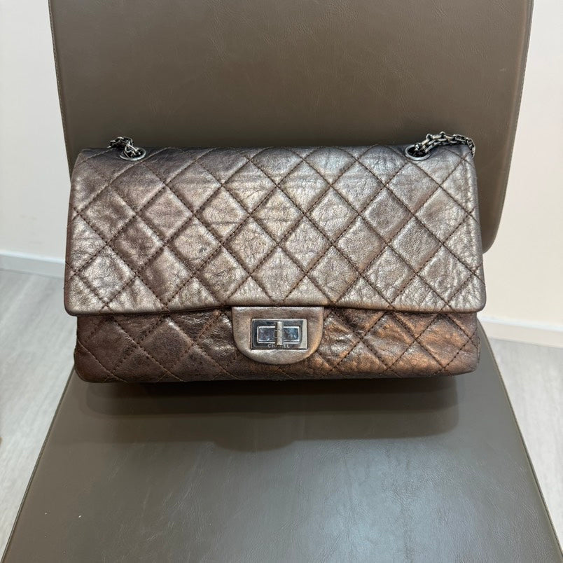 Chanel . Dark Brown Iridescent Double Flap GM Shoulder Bag