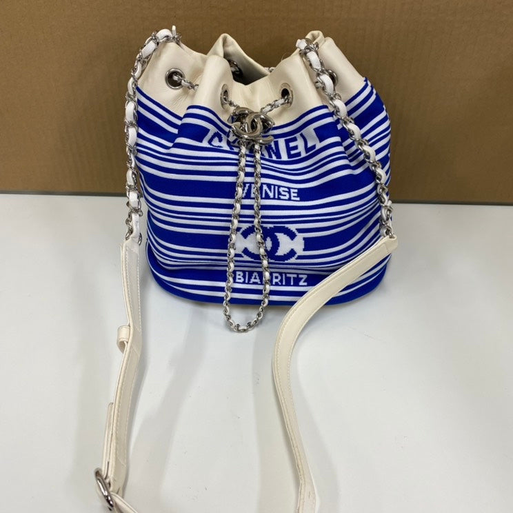Chanel E Blue & White Striped Bucket Bag