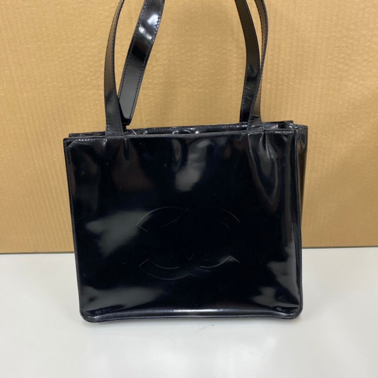 Chanel Square Tote Bag Black Patent Leather Handbag E