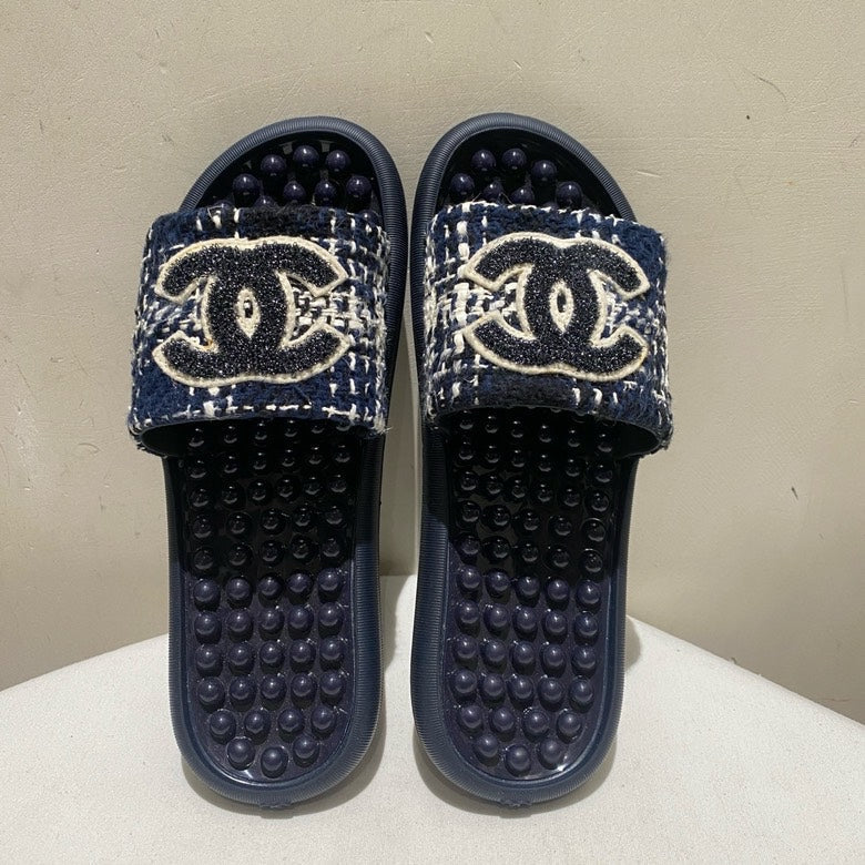 Chanel Tweed Logo Slide Sandals Navy Blue