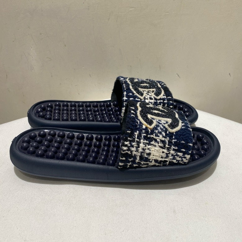 Chanel Tweed Logo Slide Sandals Navy Blue
