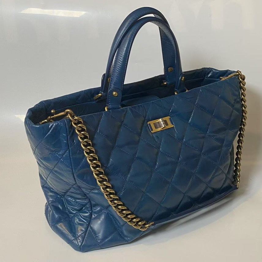 Chanel   Quilted Blue Leather Tote Bag