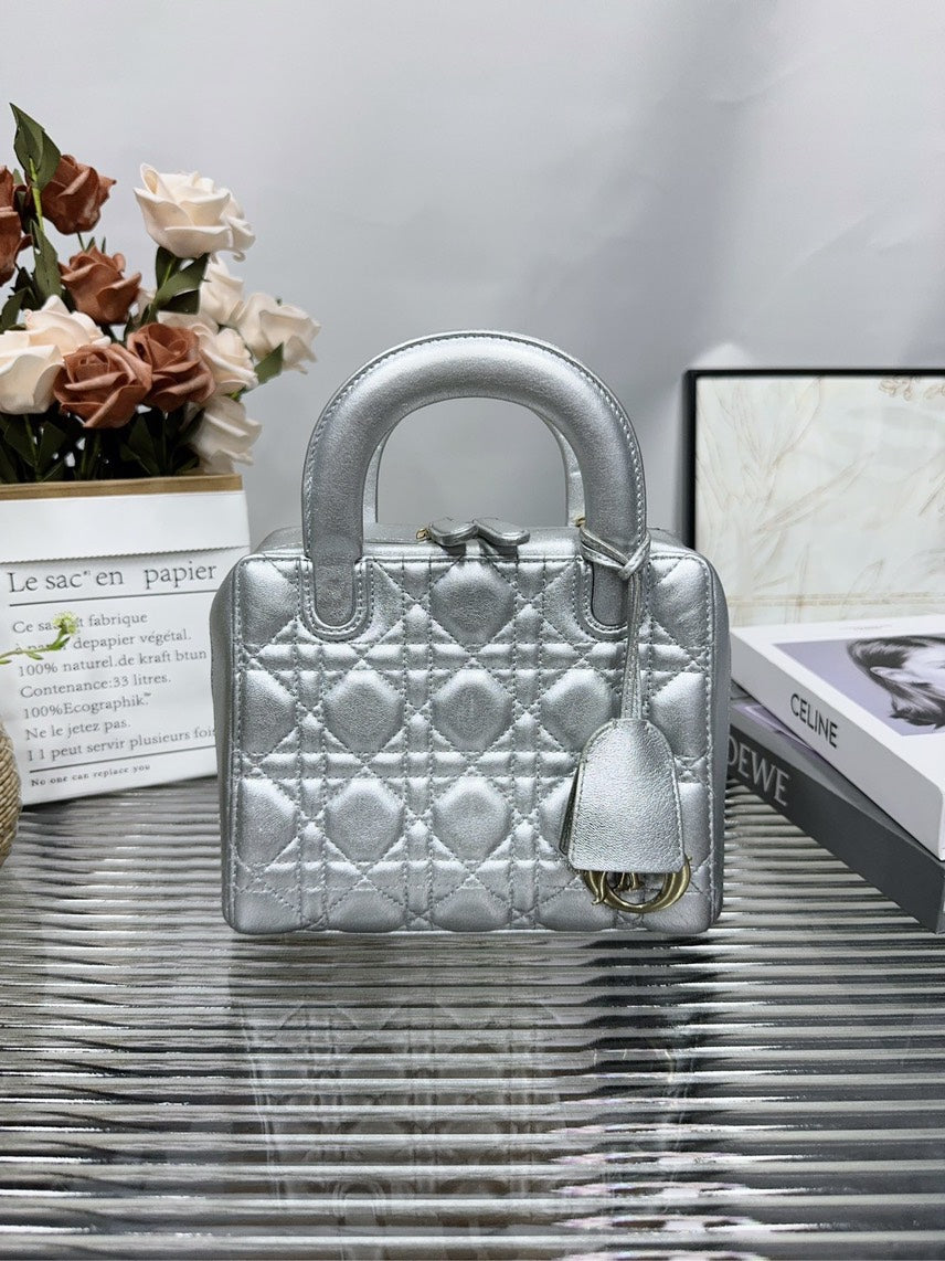 Dior Handbag Lady Bag HFY Leather Silver Top Handle