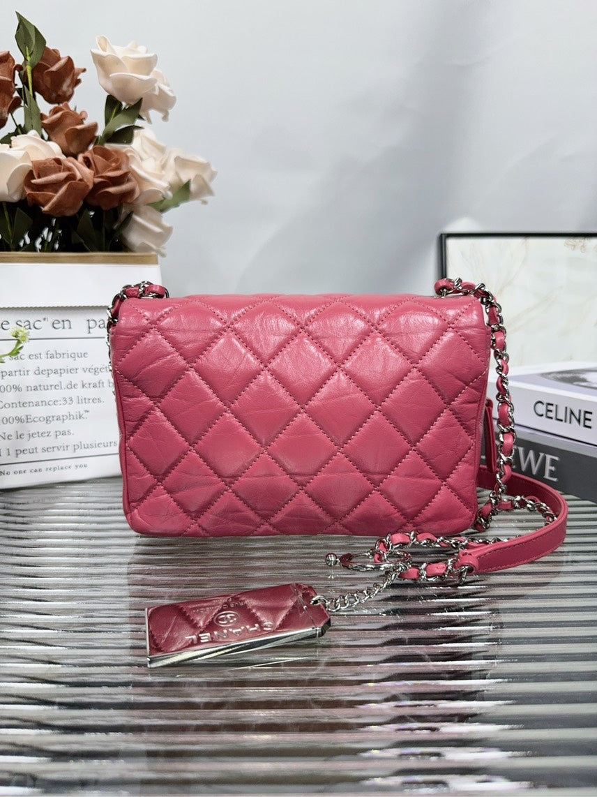 Chanel Classic Flap Bag Pink Leather Shoulder Bag HFY