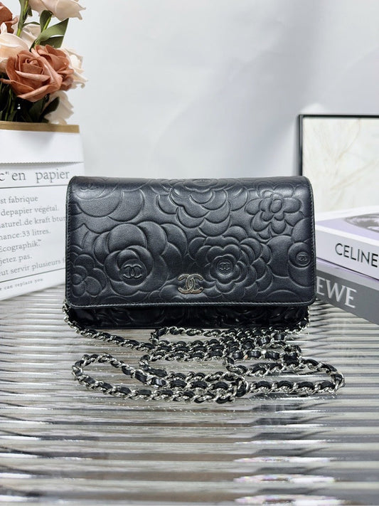 Chanel Camellia Embossed Black Leather Crossbody Bag