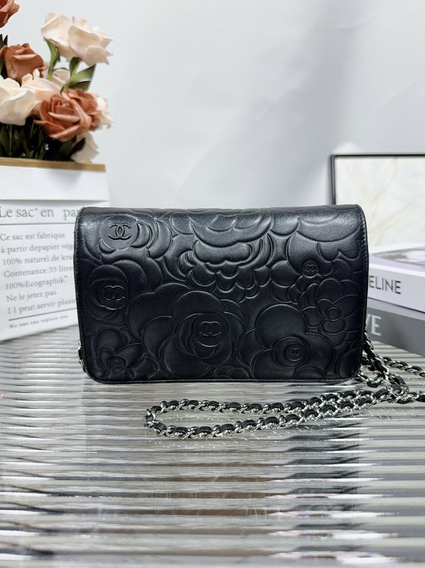 Chanel Camellia Embossed Black Leather Crossbody Bag