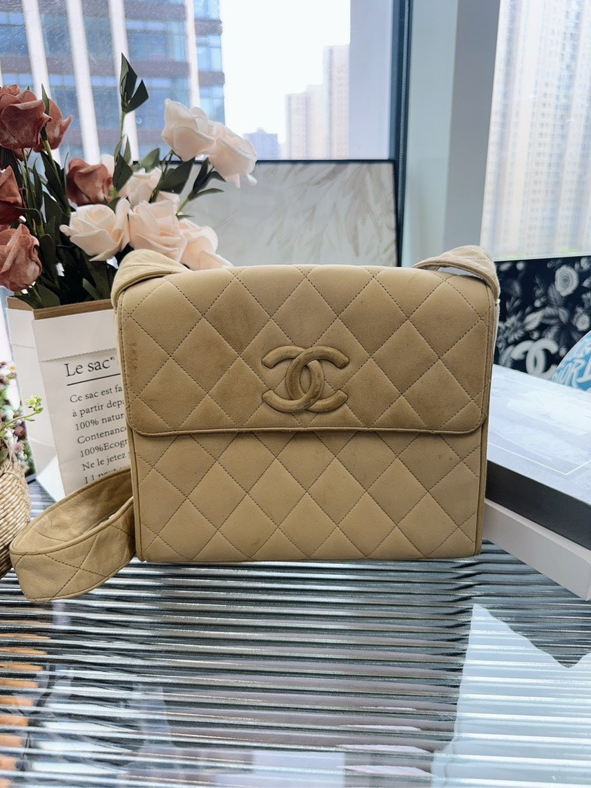   Chanel Quilted Satchel Beige Suede Shoulder Bag