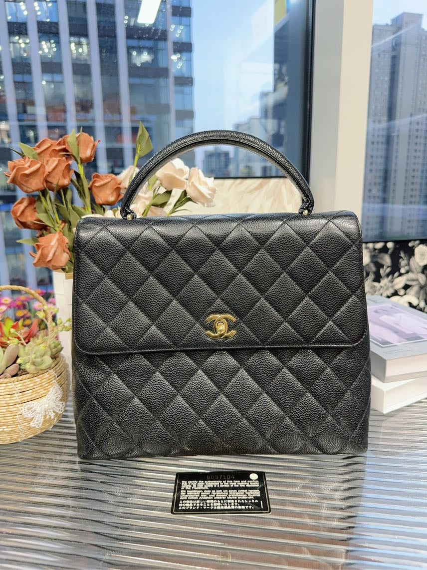 Chanel Classic Quilted Black Leather Top Handle Bag HFY