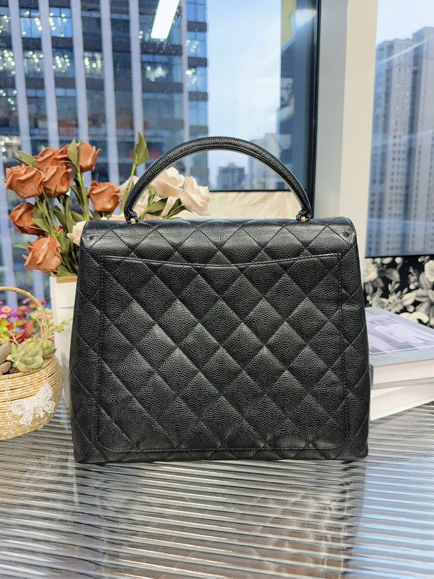 Preloved Chanel Classic Quilted Black Leather Top Handle Bag HFY