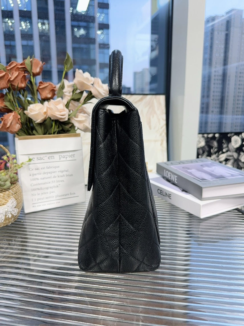 Chanel Classic Quilted Black Leather Top Handle Bag HFY