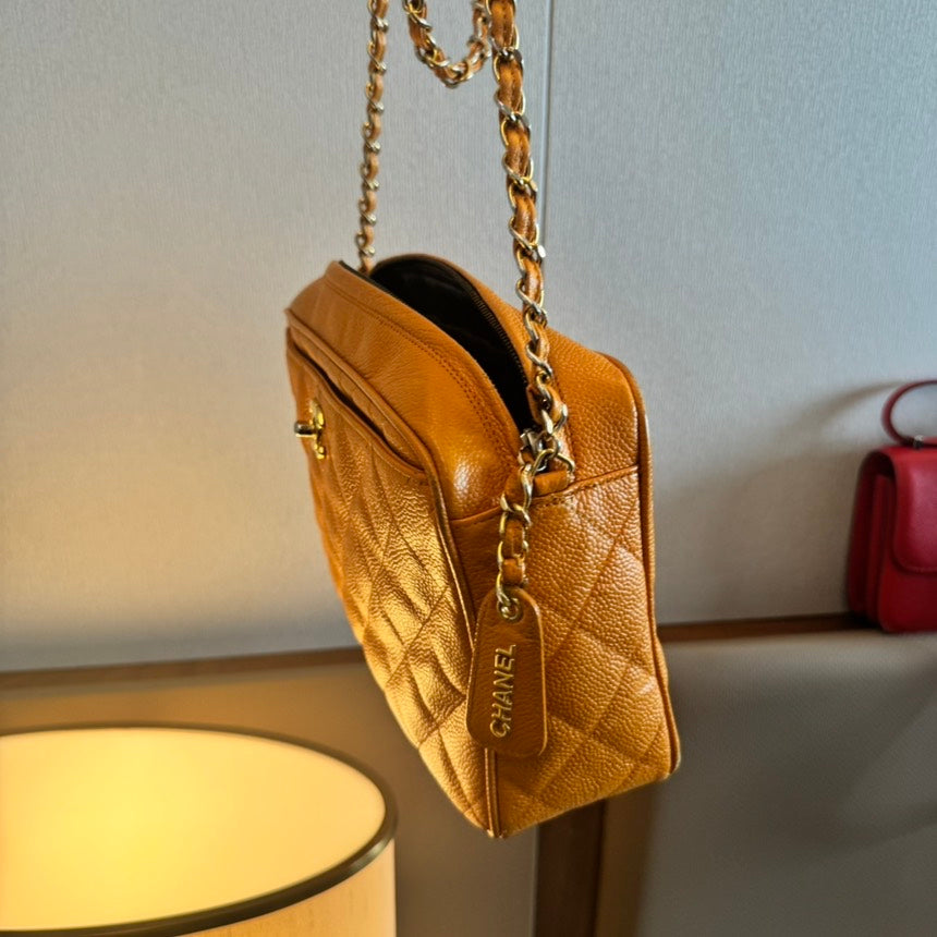 Chanel Quilted Caviar Leather Crossbody Bag in Orange