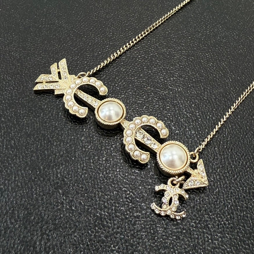 Chanel Coco Pearl Rhinestone Necklace Gold