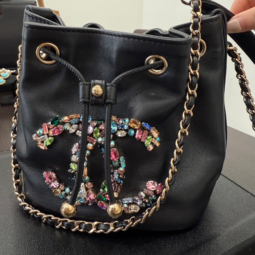 Chanel Lambskin Coco Rhinestone Bucket Chain Bag GT Black