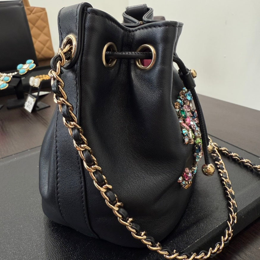 Chanel Lambskin Coco Rhinestone Bucket Chain Bag GT Black