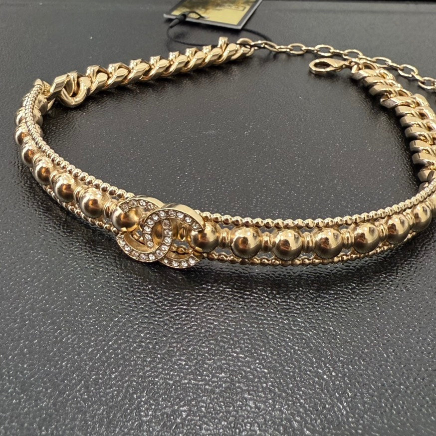 Chanel Coco Rhinestone Choker Necklace Gold Preloved
