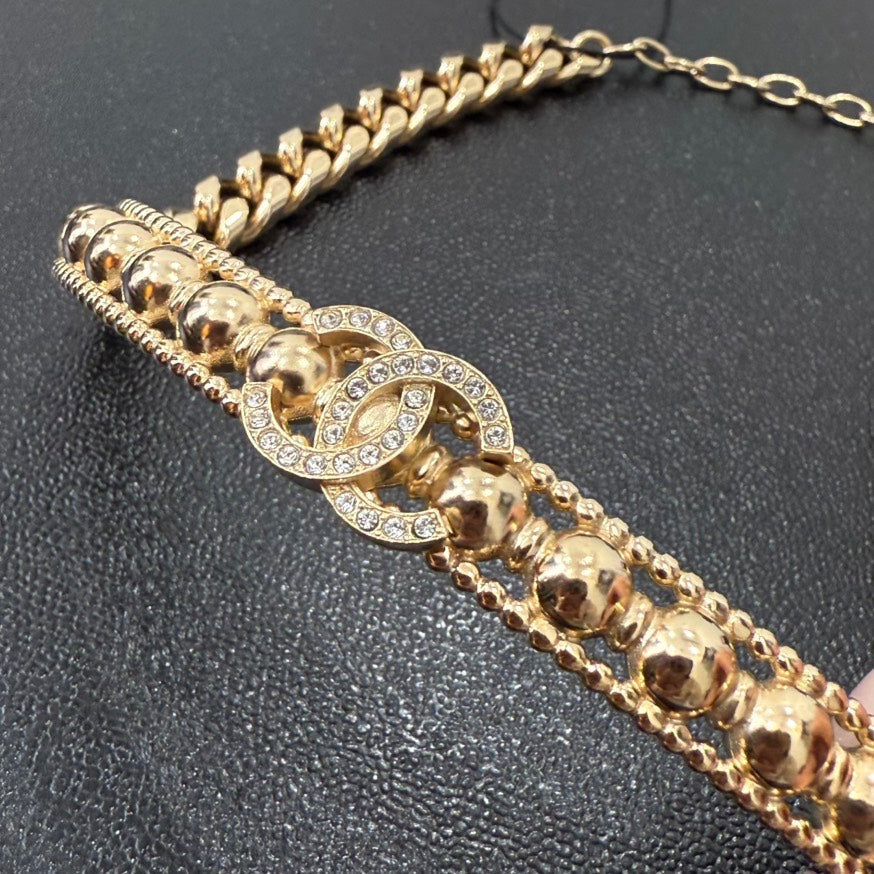 Chanel Coco Rhinestone Choker Necklace Gold Preloved
