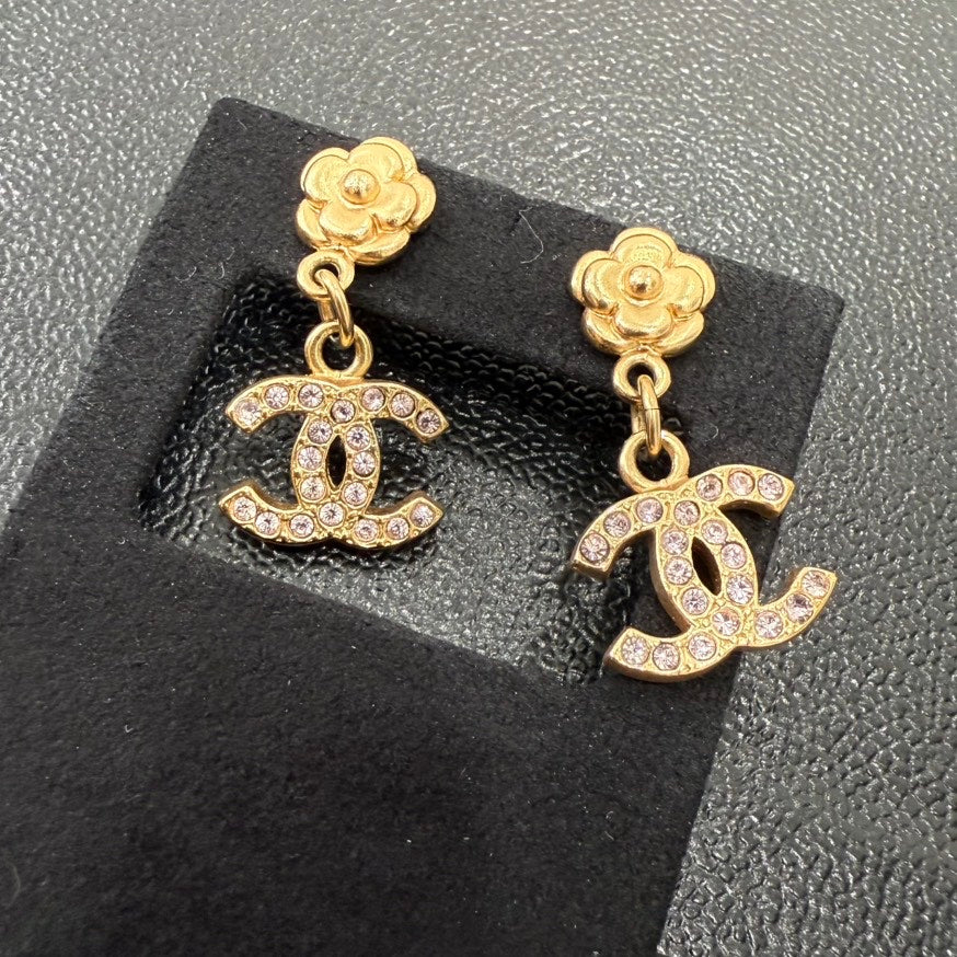 Chanel Coco Rhinestone Camellia Post Earrings Gold