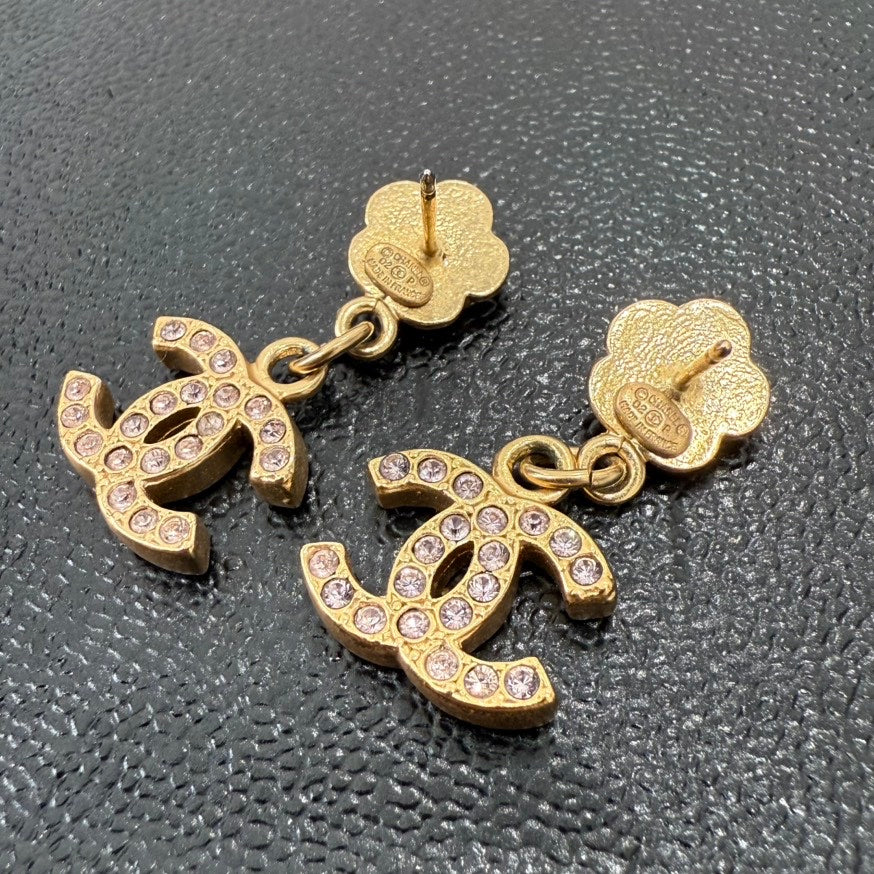 Chanel Coco Rhinestone Camellia Post Earrings Gold