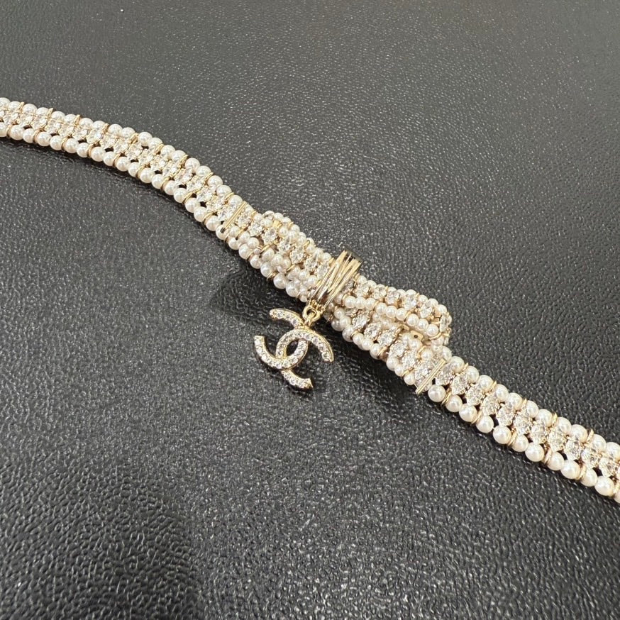 Chanel Coco Pearl Ribbon Choker Gold Necklace BK GT