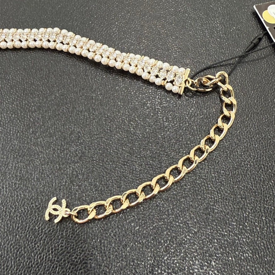 Chanel Coco Pearl Ribbon Choker Gold Necklace BK GT