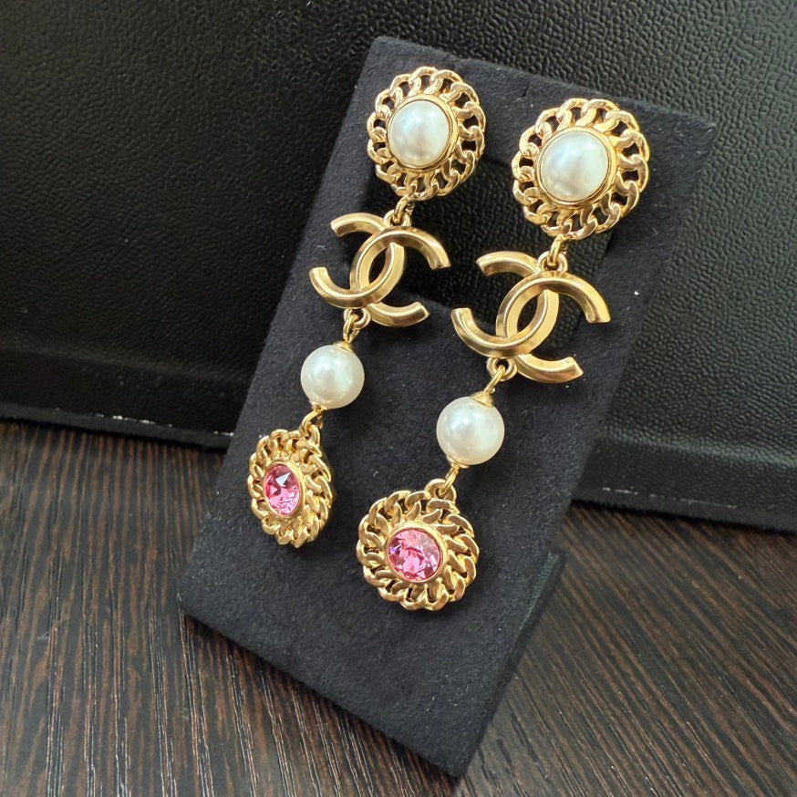 Chanel Coco Rhinestone Pearl Earrings Gold AP GT