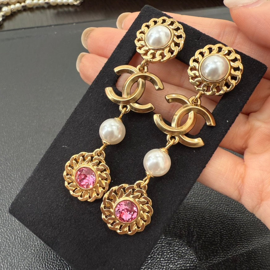 Preloved Chanel Coco Rhinestone Pearl Earrings Gold A21P GT2674