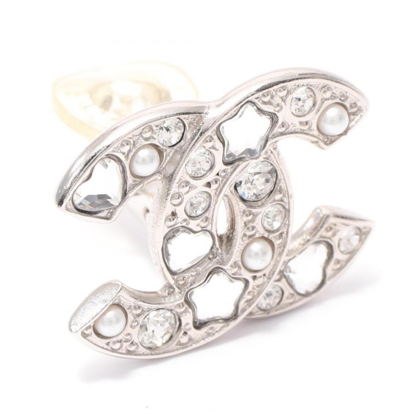 CHANEL Coco Mark Rhinestone Earrings Silver Clear  Condition A