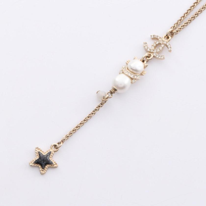 CHANEL Coco Mark Star Necklace Gold White Pearl Rhinestone