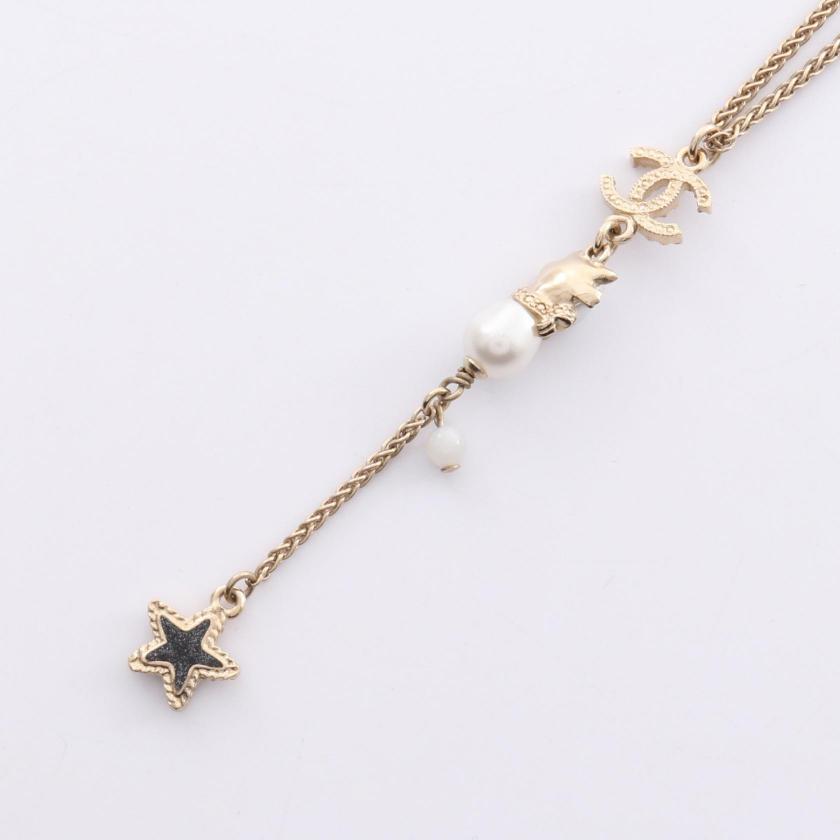 CHANEL Coco Mark Star Necklace Gold White Pearl Rhinestone