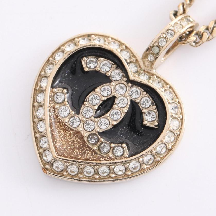 Chanel Coco Mark Heart Necklace GP Rhinestone Gold Black Clear CB