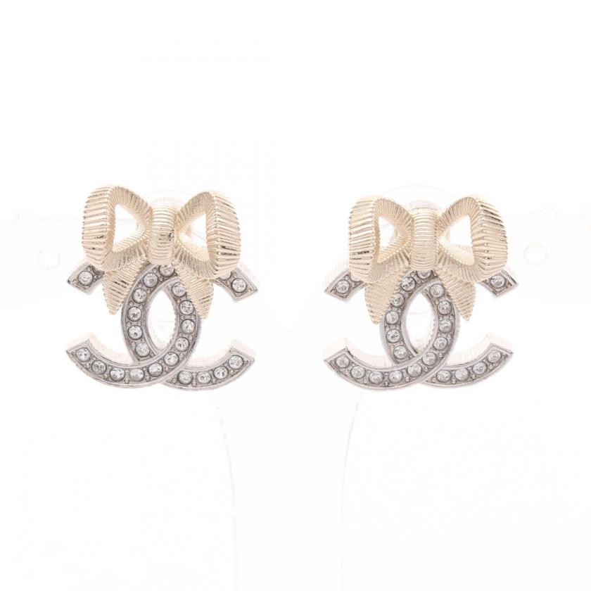 CHANEL Coco Mark Ribbon Earrings Silver Gold Clear Rhinestone GP