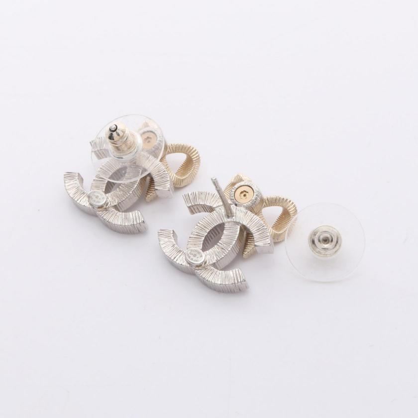 CHANEL Coco Mark Ribbon Earrings Silver Gold Clear Rhinestone GP