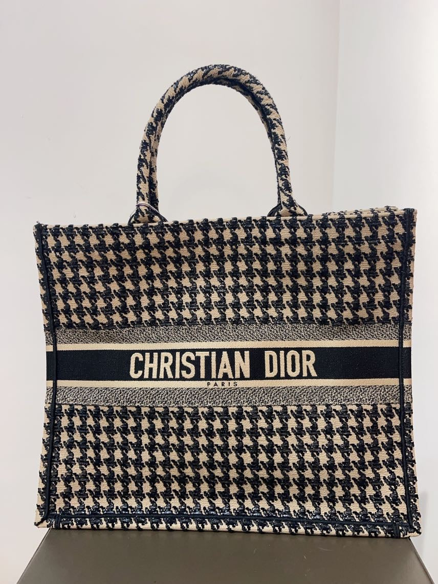 Dior Handbag Christian Book Tote Houndstooth Bag Canvas Large Tote Bag