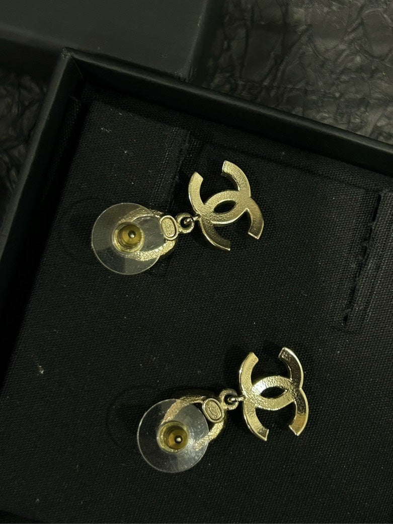 Chanel Champagne Gold Oval Double C Earrings with Small Pearls