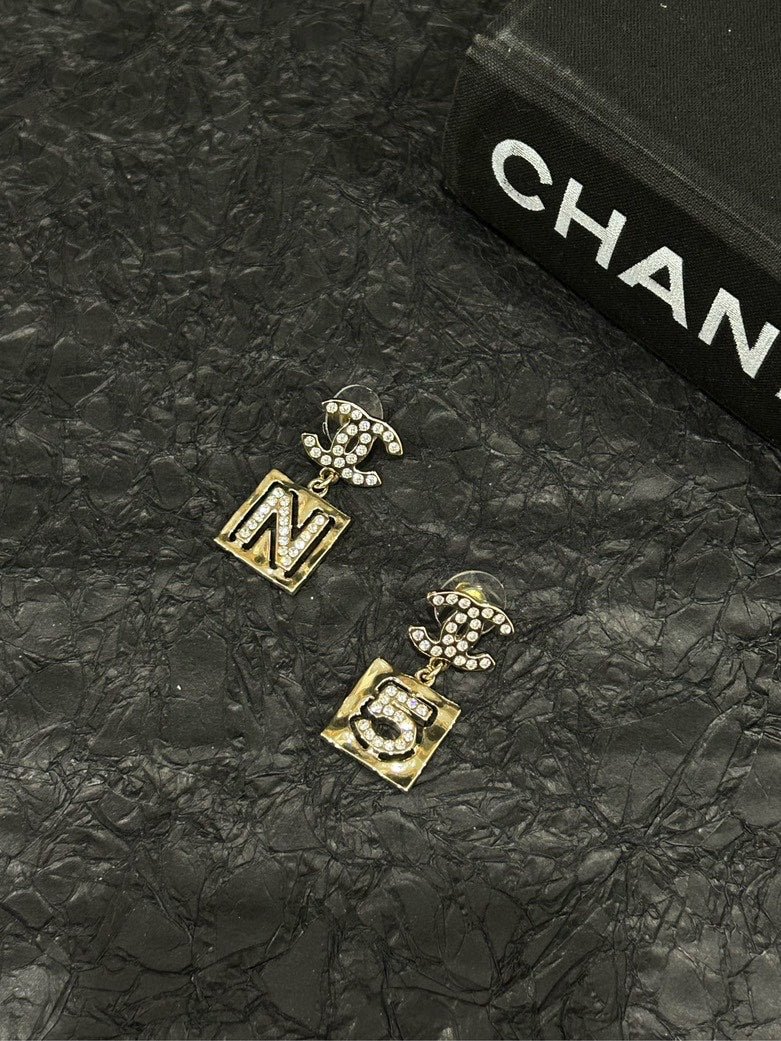 Chanel N CC Square Stud Earrings Diamond-Embellished Gold Earrings