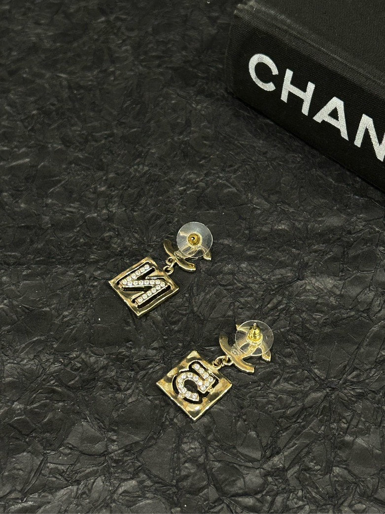 Chanel N CC Square Stud Earrings Diamond-Embellished Gold Earrings