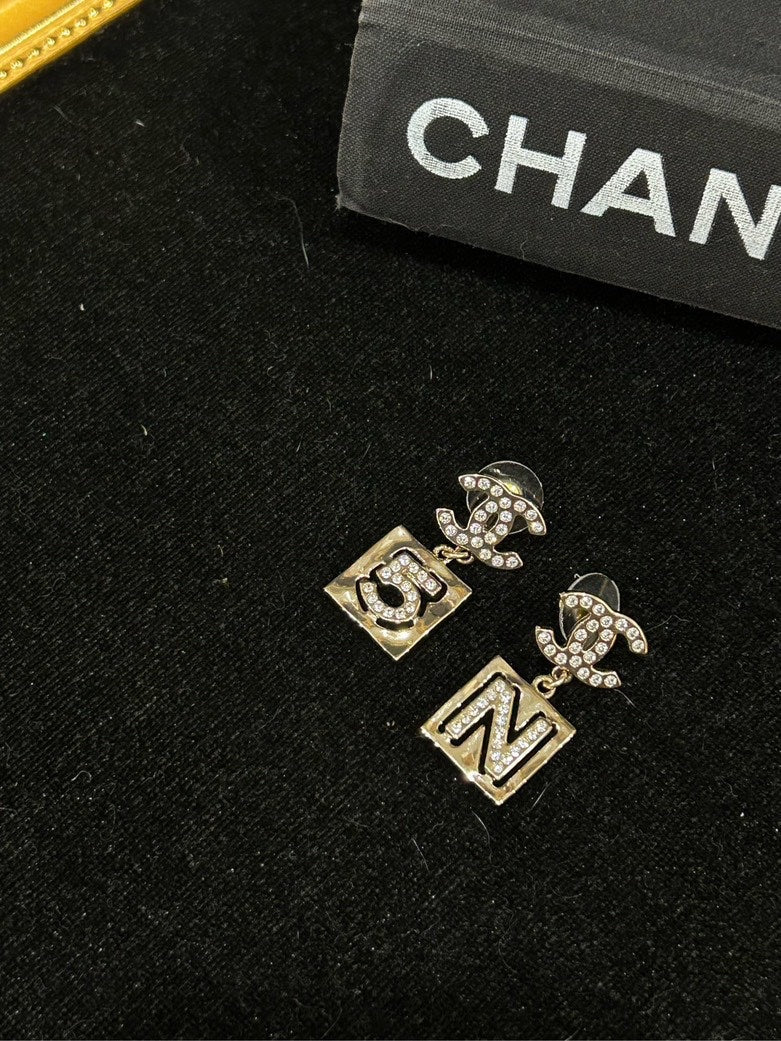 Chanel N CC Square Stud Earrings Diamond-Embellished Gold Earrings