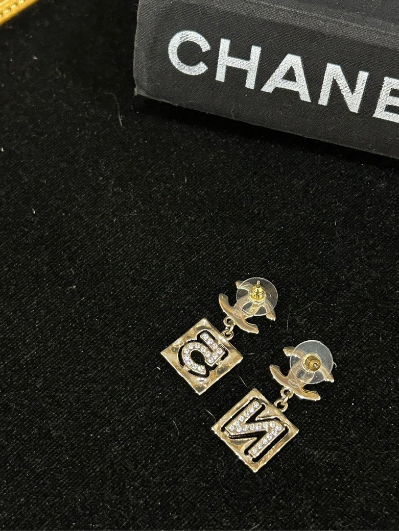 Chanel N CC Square Stud Earrings Diamond-Embellished Gold Earrings