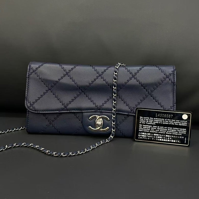 Chanel Quilted Navy Blue Leather Wallet on Chain Bag